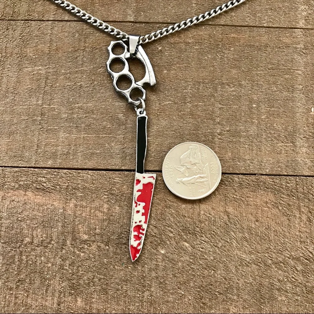 🆕3D Brass Knuckles & Bloody Knife Pendant N… Stainless Steel